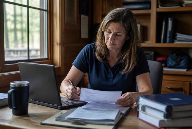 A camp director reviewing insurance paperwork at a desk in a camp office