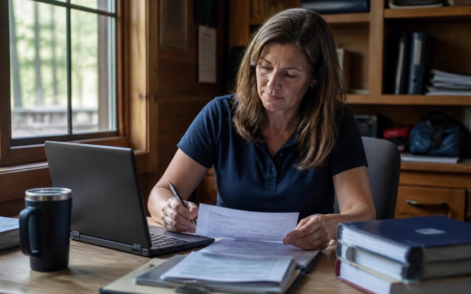 A camp director reviewing insurance paperwork at a desk in a camp office