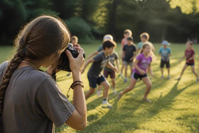 A camp staff photographer raising a camera to photograph a group of campers on a grassy field in late-afternoon light