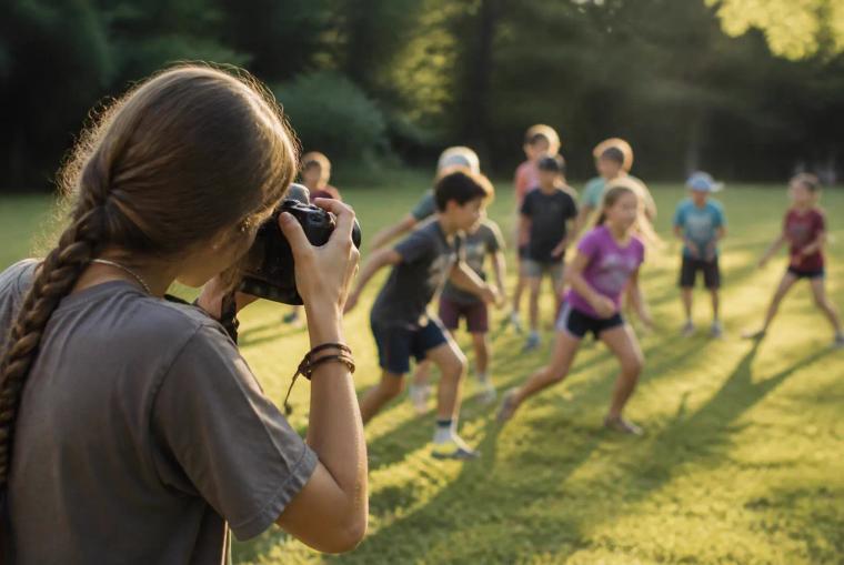 A camp staff photographer raising a camera to photograph a group of campers on a grassy field in late-afternoon light
