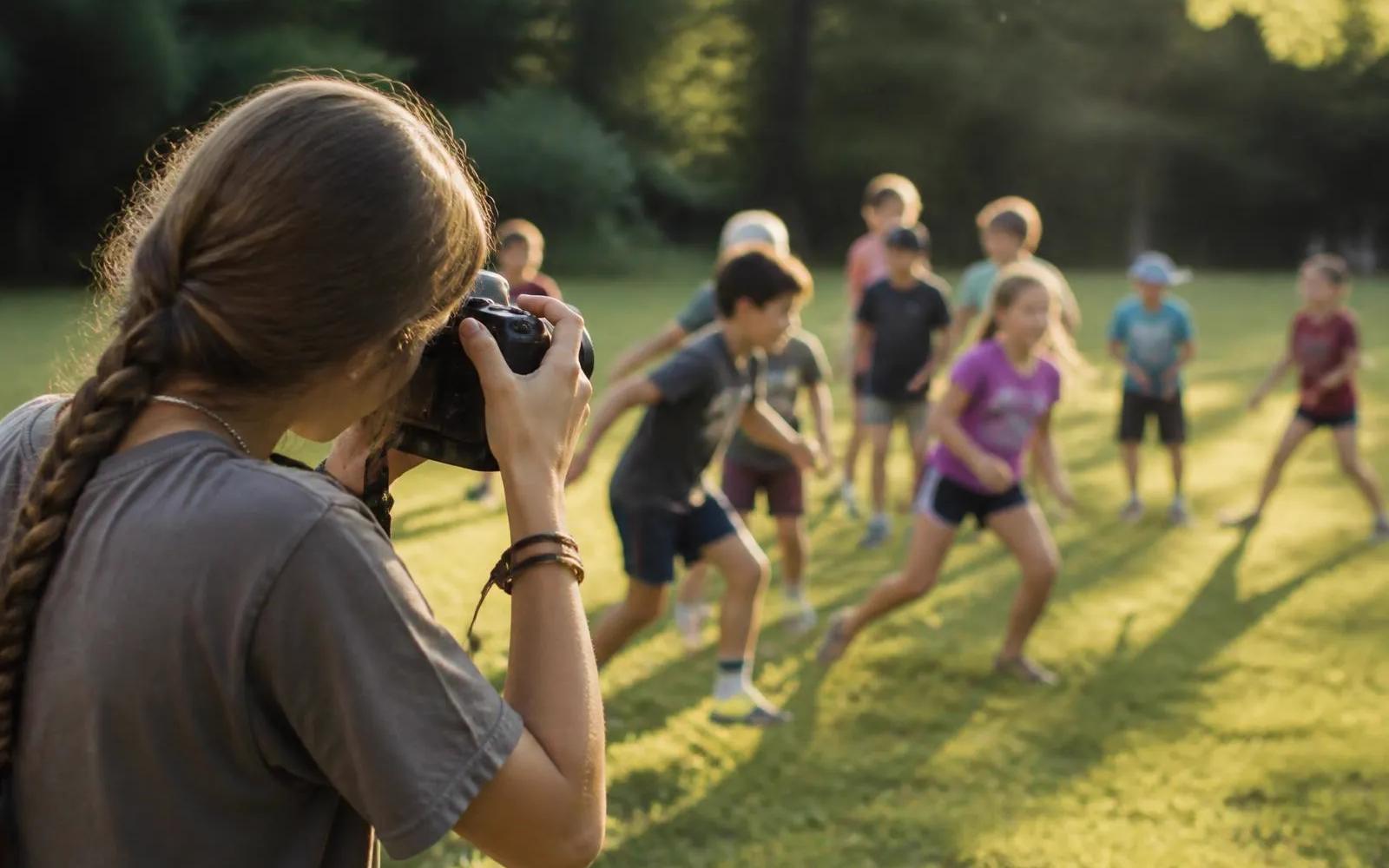 A camp staff photographer raising a camera to photograph a group of campers on a grassy field in late-afternoon light