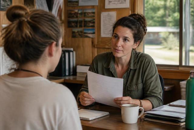 Two camp staff members sitting across a desk in a plain wood-paneled office during a hiring interview, one holding a printed application