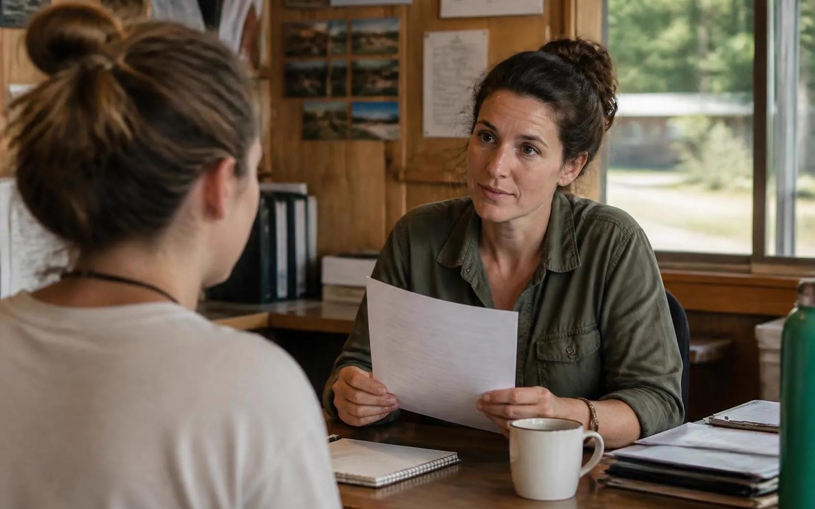 Two camp staff members sitting across a desk in a plain wood-paneled office during a hiring interview, one holding a printed application
