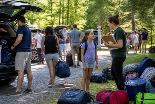 Families unloading duffel bags at a wooded drop-off area on camp opening day