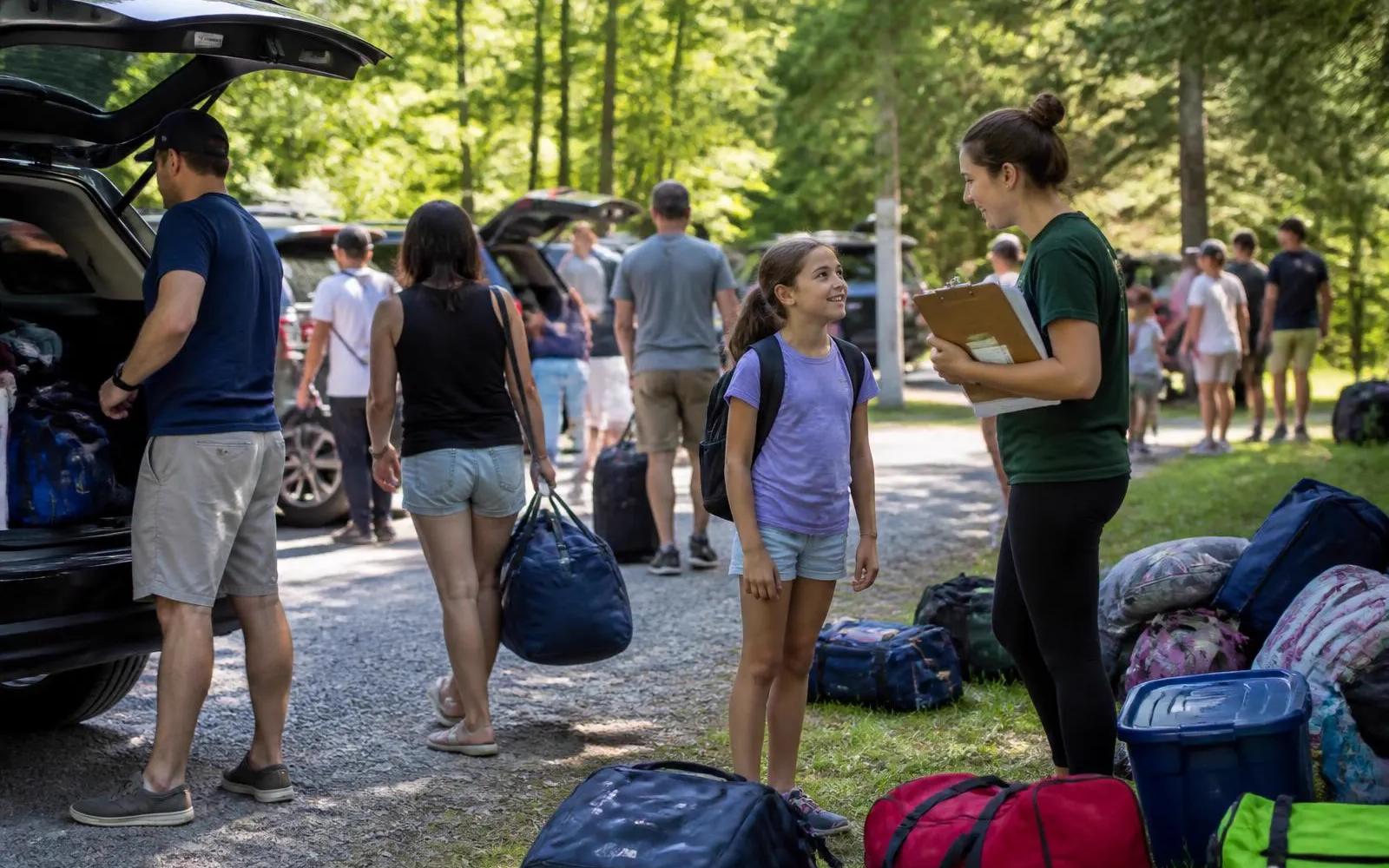 Families unloading duffel bags at a wooded drop-off area on camp opening day